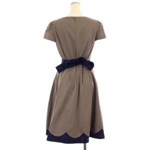 M'S GRACY ワンピース フレンチスリーブ ラウンドネック リボン付き ひざ丈 38 茶 ブラウン 紺 ネイビー