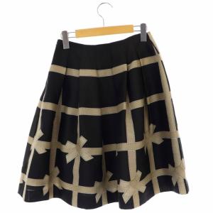 M'S GRACY フレアスカート リボンチェック タック ひざ丈 38 黒 ブラック ベージュ