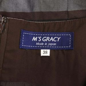 M'S GRACY 総柄ノースリーブワンピース ミモレ丈 ロング フレア リボンベルト付き 38 黒 茶 白