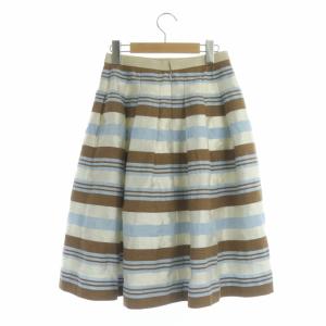 M'S GRACY ボーダースカート 膝丈 フレア リネン混 38 ベージュ 茶色 ブラウン ライトブルー