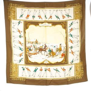 氷上の喜び LES PLAISIRS DU FROID シルク スカーフ 茶色 ブラウン アイボリー カレ 90
