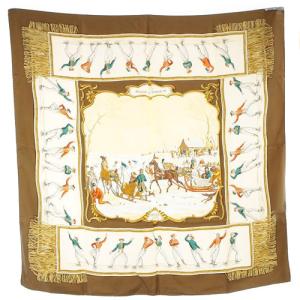HERMES 氷上の喜び LES PLAISIRS DU FROID シルク スカーフ 茶色 ブラウン アイボリー カレ 90