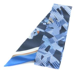 HERMES ツイリー CAVALCALDOUR リボンスカーフ ロゴ シルク 青 ブルー