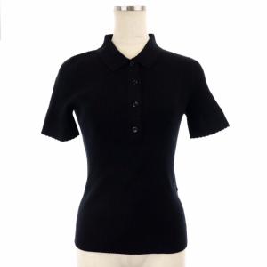 ハーフボタン 襟付き ショートスリーブ ニット ポロシャツ リブ 半袖 スカラップ S 黒 ブラック