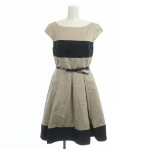 切替 フレア ワンピース ひざ丈 ノースリーブ ベルト付き 4-A ベージュ 黒 ブラック