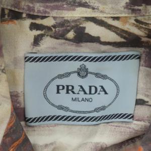 PRADA シャツワンピース フリル 総柄 ベルト付き ミモレ ロング 半袖 38S マルチカラー