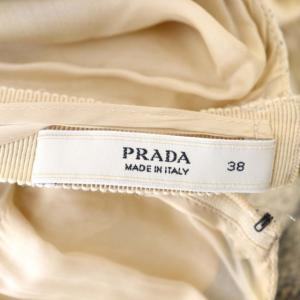 PRADA ノースリーブワンピース プリーツ フレア 膝下 ウエストチェック ボートネック 38 ベージュ グレー
