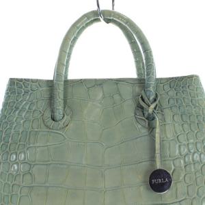 FURLA ハンドバッグ 型押し レザー ロゴ 緑 グリーン