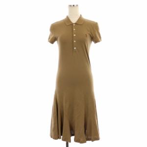 理後刺繍ポロワンピース 膝丈 半袖 XS 茶 ブラウン