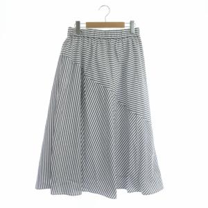 フレアスカート ロング ストライプ 切替 11 紺 白 ネイビー ホワイト