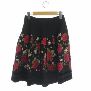M'S GRACY バラ柄プリーツスカート 膝丈 フレア サイドジップ 36 黒 ブラック マルチカラー