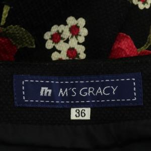 M'S GRACY バラ柄プリーツスカート 膝丈 フレア サイドジップ 36 黒 ブラック マルチカラー