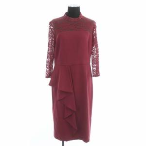 ペプラムドレープワンピース ミモレ ロング タイト 長袖 レーススリーブ 38 レッド