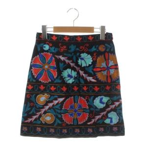 刺繍 ミニスカート 台形 総柄 38 黒 マルチカラー