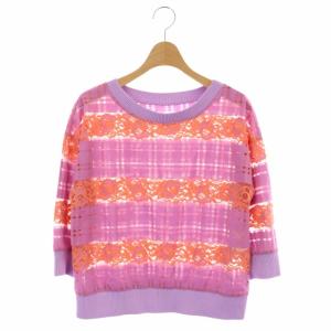 チェックフラワーレーストップス カットソー 七分袖 リブ切替 36 ピンク オレンジ ラベンダー