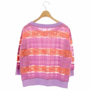 GRACE CONTINENTAL チェックフラワーレーストップス カットソー 七分袖 リブ切替 36 ピンク オレンジ ラベンダー