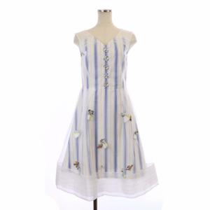 ワンピース ノースリーブ フレア 膝丈 ストライプ ビジュー付き Vネック 0 白 青 ホワイト ブルー