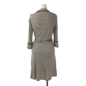 DIANE von FURSTENBERG ボーダー カシュクールワンピース シルク セミフレア ひざ丈 七分袖 4 ライトベージュ 黒 ブラック