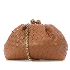 スモール ウォーブン レザー クラッチ ショルダーバッグ ワンショルダー 2way チェーン がま口 レザー 茶色 ブラウン