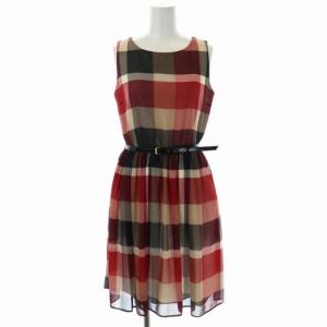 チェック ノースリーブギャザー ワンピース 膝丈 フレア 36 赤 ベージュ 黒