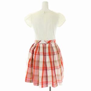 BLUE LABEL CRESTBRIDGE チェック 半袖ワンピース ひざ丈 フレア ギャザー ベルト付き 36 オフホワイト 赤 茶