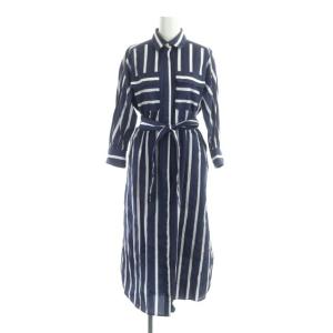 ストライププリントシャツワンピース ロング 七分袖 前開き 比翼ボタン リボンベルト付き キャミソール付き 36 紺 白 ネイビー
