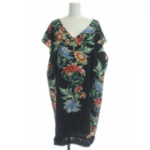 ボタニカルサックワンピース 膝丈 Vネック フレンチスリーブ 36 紺 マルチカラー ネイビー