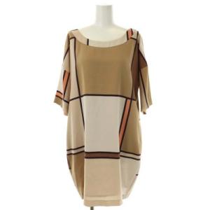 総柄格子ワンピース ボートネック 膝丈 半袖 36 ベージュ ブラウン 茶色 オレンジ