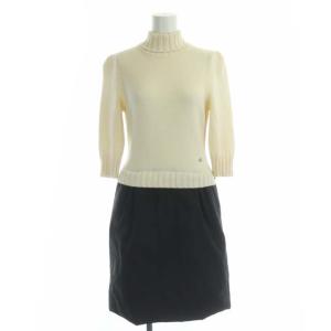 ニット キルティング ドッキング ワンピース 長袖 ミモレ丈 フレア 38 白 黒 ホワイト ブラック