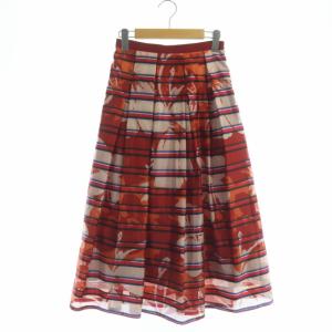 ボーダービッグフラワープリントタックスカート フレア ロング 36 赤 レッド