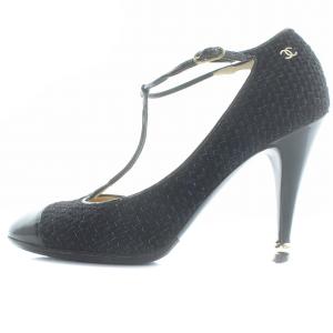 CHANEL パンプス ツイード エナメル Tストラップ 38.5C 24.5cm 紺 ネイビー