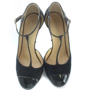 CHANEL パンプス ツイード エナメル Tストラップ 38.5C 24.5cm 紺 ネイビー