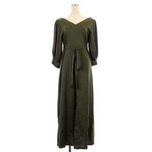 21AW サテン切替 ジャージマキシ ワンピース スクエアネック シアー リボン付き 七分袖 36 緑 グリーン
