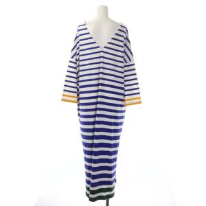 nagonstans ワンピース カットソー 長袖 ストレート ロング マルチボーダー Vネック 36 青 黄色 緑 ブルー イエロー グリーン