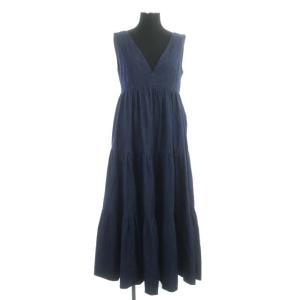 デニムティアードワンピース ノースリーブ ロング Vネック ネイビー