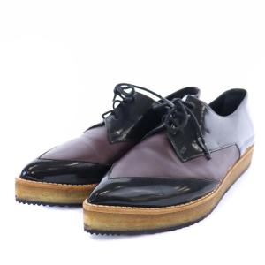ポインテッドトゥレースアップシューズ 切替 37 23.5cm 黒 赤茶 ブラック ブラウン