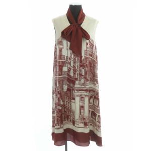 プリントボウタイワンピース ロング フレア ノースリーブ 38 オフホワイト レッド