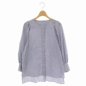 20SS コットンギャザースリーブシャツ 七分袖 ストライプ ノーカラー 38 ネイビー ホワイト