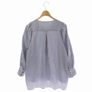 ANAYI 20SS コットンギャザースリーブシャツ 七分袖 ストライプ ノーカラー 38 ネイビー ホワイト