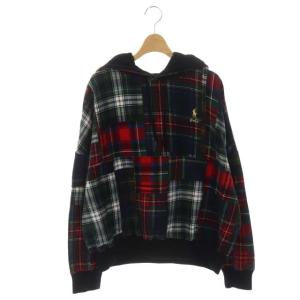 カットソー パーカー 長袖 プルオーバー チェック ポニー刺繍 裏起毛 M 緑 赤 紺 グリーン レッド ネイビー