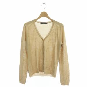 ファッション FASHION カーディガン 長袖 Vネック シルク 総柄 M ベージュ