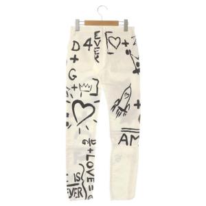 DOLCE&GABBANA 猫柄デニムパンツ テーパード スリム ジッパーフライ カットオフ 36 ホワイト ブラック