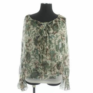 EPOCA セットアップ 上下 シルク ブラウス 長袖 リボン タイトスカート ひざ丈 総柄 40 緑 グリーン アイボリー