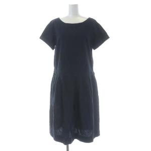 リネンコットン ワンピース 半袖 ひざ丈 2 紺 ネイビー