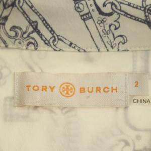TORY BURCH シャツ ブラウス 長袖 総柄 2 ライトベージュ 紺 ネイビー