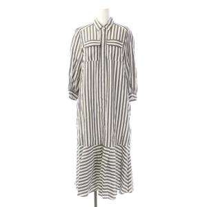 22SS サッカーボーダーシャツワンピース 長袖 ロング 比翼仕立て 36 白 グレー