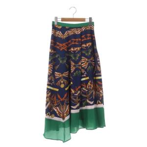 シューズスカーフプリントスカート アシンメトリー ロング フレア 36 紺 緑 マルチカラー