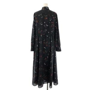 23区 花柄 ボウタイ ワンピース シャツワンピース フレア ロング 長袖 44 チャコールグレー マルチカラー