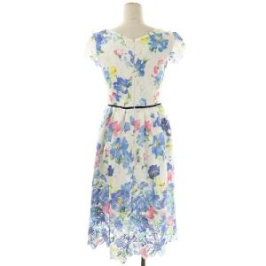 Chesty レースプリントワンピース 半袖 ロング フレア 0 白 青 マルチカラー