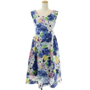 フラワー刺繍&プリント ノースリーブワンピース ミモレ丈 ロング フレア ギャザー 0 白 青 マルチカラー